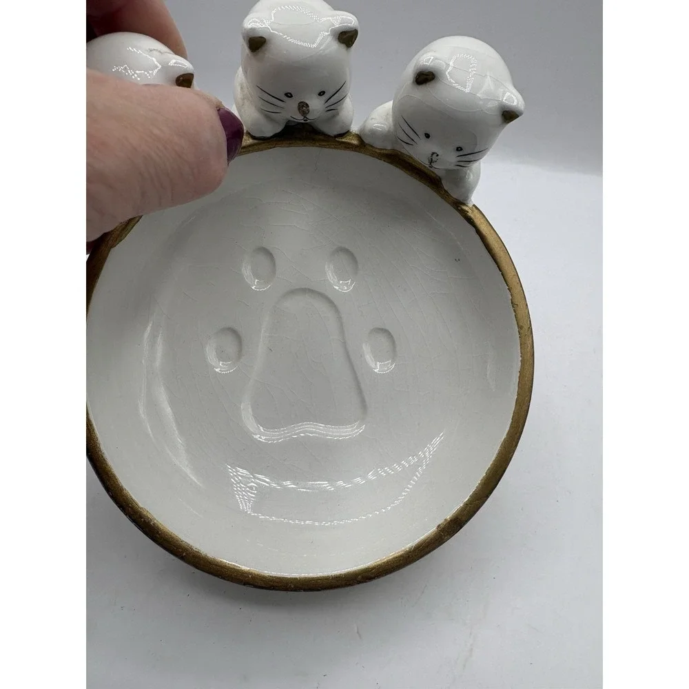 Vintage White & Gold Ceramic Cat Dish Paws on dish With Three Kittens 1998